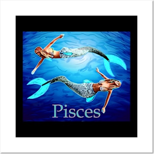 Pisces mermaids swimming in the sea Posters and Art